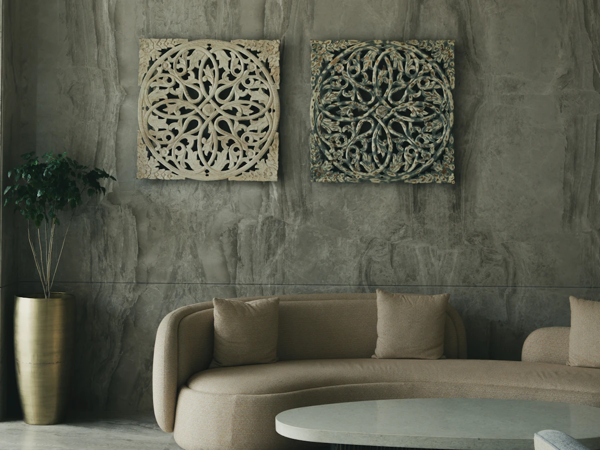 A calm interior with architectural detail and a minimal decorative accent
